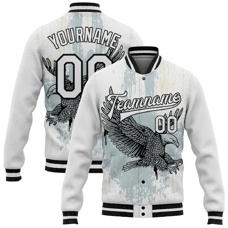 Versatile Clothing For All Genders Additional Time-Limited Offers Custom White Black Eagle 3D Pattern Design Bomber Full-Snap Varsity Letterman Jacket