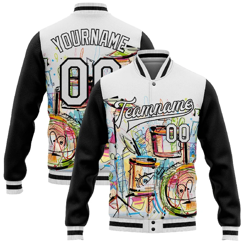 Modern Unisex Clothing For Any Occasion High-End Style Discounts Custom White Black Graffiti Musical Instruments Music Festival 3D Pattern Design Bomber Full-Snap Varsity Letterman Jacket