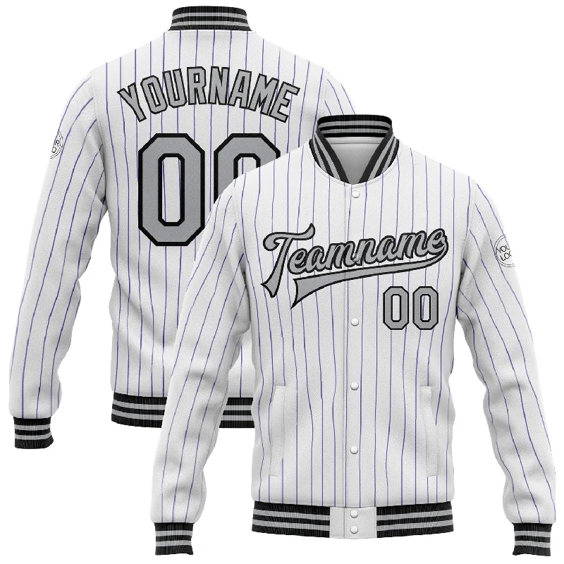 Lightweight And Breathable Unisex Wear Modern Fashion Sale Custom White Purple Pinstripe Gray-Black Bomber Full-Snap Varsity Letterman Jacket