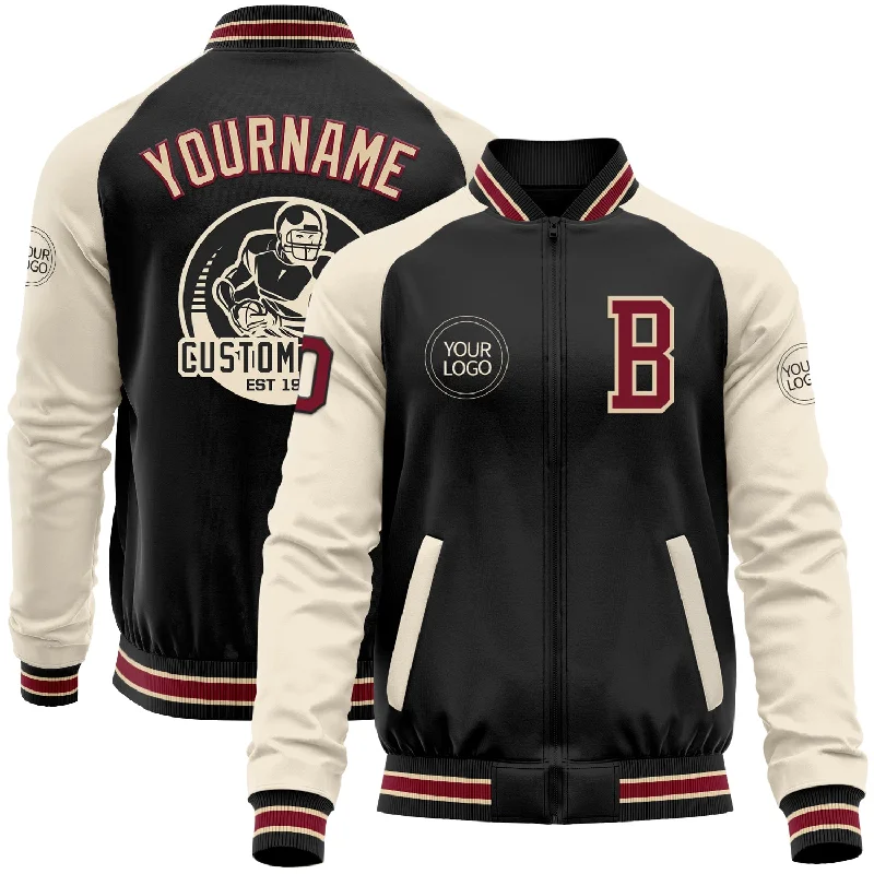 Sleek And Stylish Unisex Outerwear Romantic Chic Deals Custom Black Crimson Cream-City Cream Bomber Varsity Letterman Two Tone Zipper Jacket