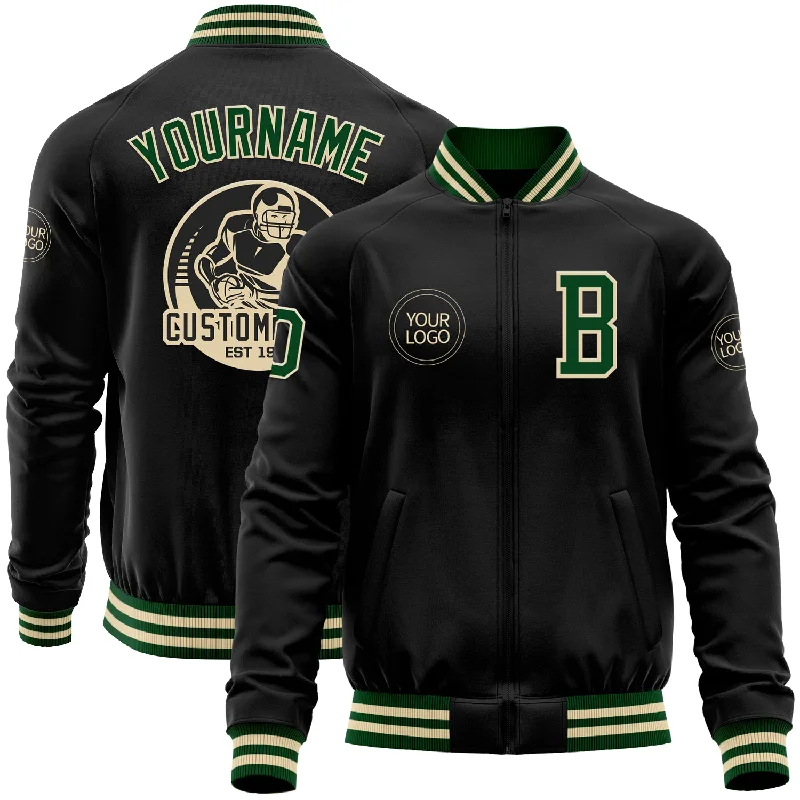 Soft And Breathable Unisex Loungewear Big Discounts Custom Black Green-Cream Bomber Varsity Letterman Zipper Jacket