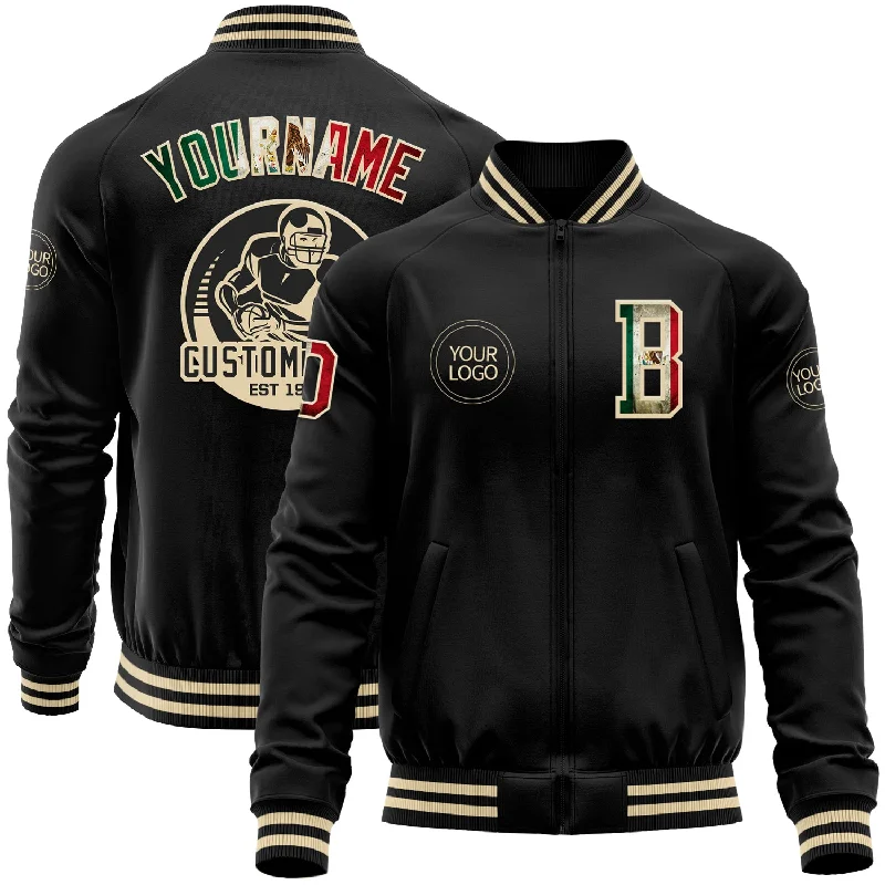 Everyday Wear For Men And Women Sustainable Fashion Extravaganza Custom Black Vintage Mexican Flag-Cream Bomber Varsity Letterman Zipper Jacket