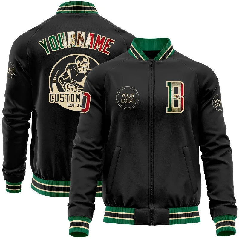 Lightweight And Breathable Unisex Wear Laid-Back Fashion Offers Custom Black Vintage Mexican Flag Cream-Kelly Green Bomber Varsity Letterman Zipper Jacket