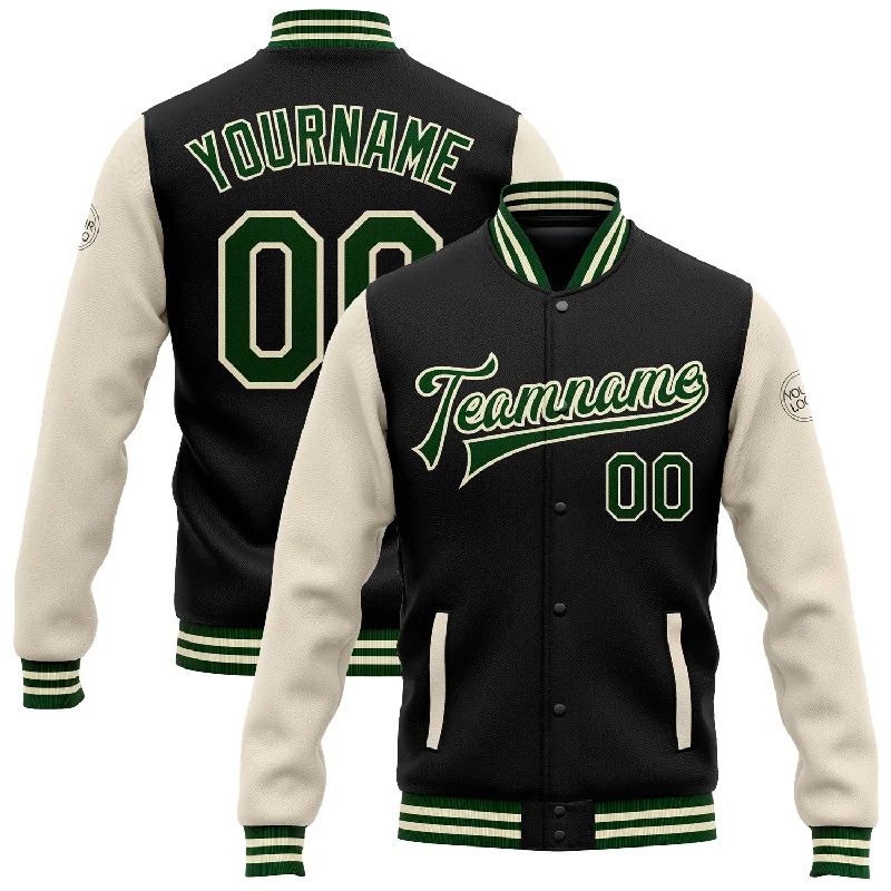 Minimalist Unisex Wardrobe Must-Haves Clearance Sale, All Cheap Custom Black Green-Cream Bomber Full-Snap Varsity Letterman Two Tone Jacket