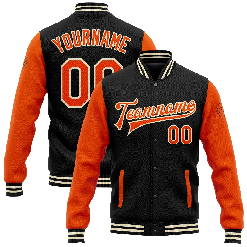 Versatile Unisex Layering Pieces Special Offer For You Custom Black Orange-Cream Bomber Full-Snap Varsity Letterman Two Tone Jacket