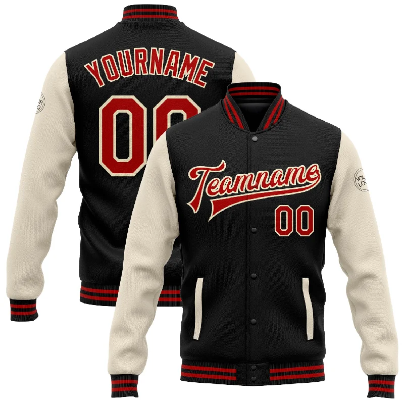 Elegant And Minimal Gender-Free Clothing Limited Time Offer Custom Black Red-Cream Bomber Full-Snap Varsity Letterman Two Tone Jacket