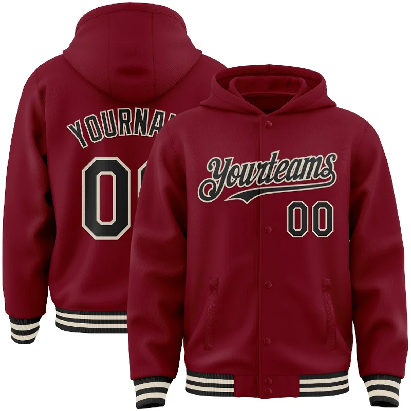 Sustainable Gender-Neutral Apparel Budget Friendly Custom Crimson Black-Cream Bomber Full-Snap Varsity Letterman Hoodie Jacket