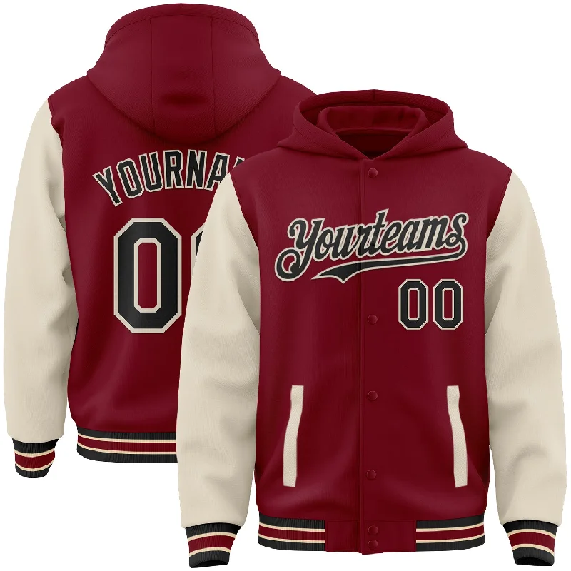 Lightweight And Breathable Unisex Wear Fresh Styles, Fresh Deals Custom Crimson Black-Cream Bomber Full-Snap Varsity Letterman Two Tone Hoodie Jacket