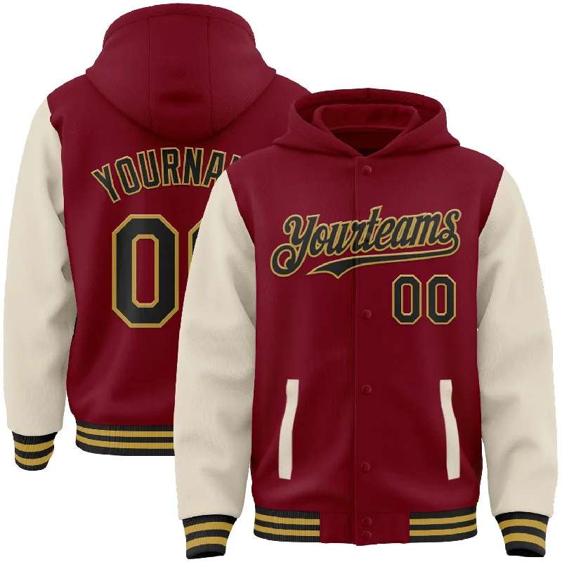 Versatile And Stylish Unisex Apparel Durable Fashion Picks Custom Crimson Black Cream-Old Gold Bomber Full-Snap Varsity Letterman Two Tone Hoodie Jacket