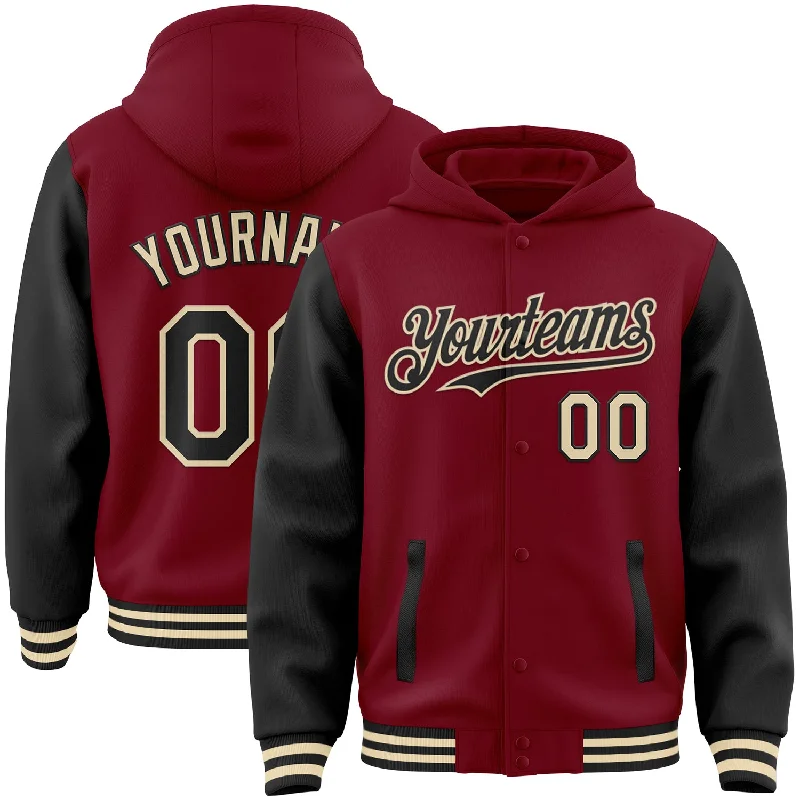 Soft And Breathable Unisex Loungewear Trend Forward Threads Custom Crimson Black-Cream Bomber Full-Snap Varsity Letterman Two Tone Hoodie Jacket