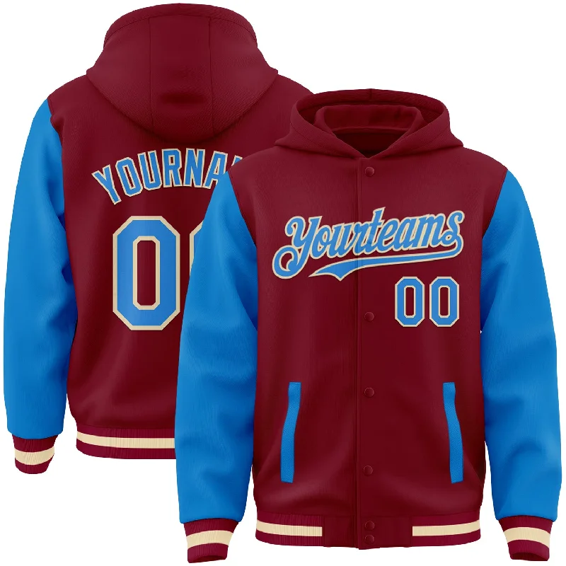 Minimalist Unisex Fashion Must-Haves Discover Now Custom Crimson Powder Blue Cream-Maroon Bomber Full-Snap Varsity Letterman Two Tone Hoodie Jacket