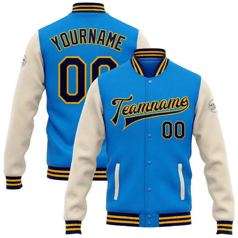 Contemporary Gender-Free Clothing Styles Limited-Time Offer Custom Powder Blue Navy Cream-Gold Bomber Full-Snap Varsity Letterman Two Tone Jacket