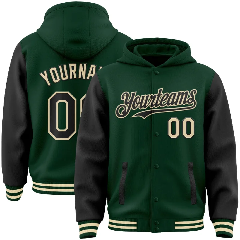 Fashion-Forward Gender-Neutral Outerwear Special Offers Custom Green Black-Cream Bomber Full-Snap Varsity Letterman Two Tone Hoodie Jacket