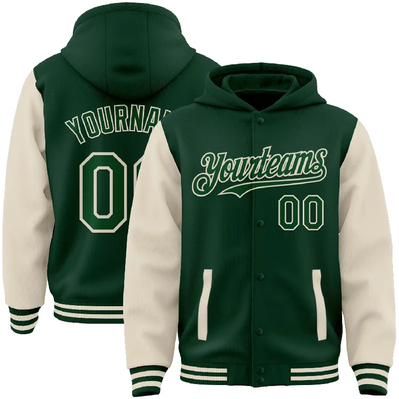 Modern Unisex Clothing For Any Occasion Huge Discounts This Week Custom Green Cream Bomber Full-Snap Varsity Letterman Two Tone Hoodie Jacket