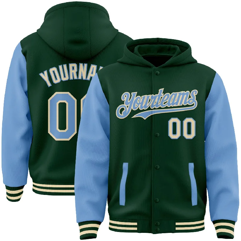 Oversized Unisex Apparel For Effortless Style Discount Extravaganza Custom Green Light Blue-Cream Bomber Full-Snap Varsity Letterman Two Tone Hoodie Jacket