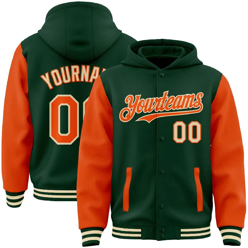 Fashion-Forward Unisex Apparel Top Brand Discounts Custom Green Orange-Cream Bomber Full-Snap Varsity Letterman Two Tone Hoodie Jacket