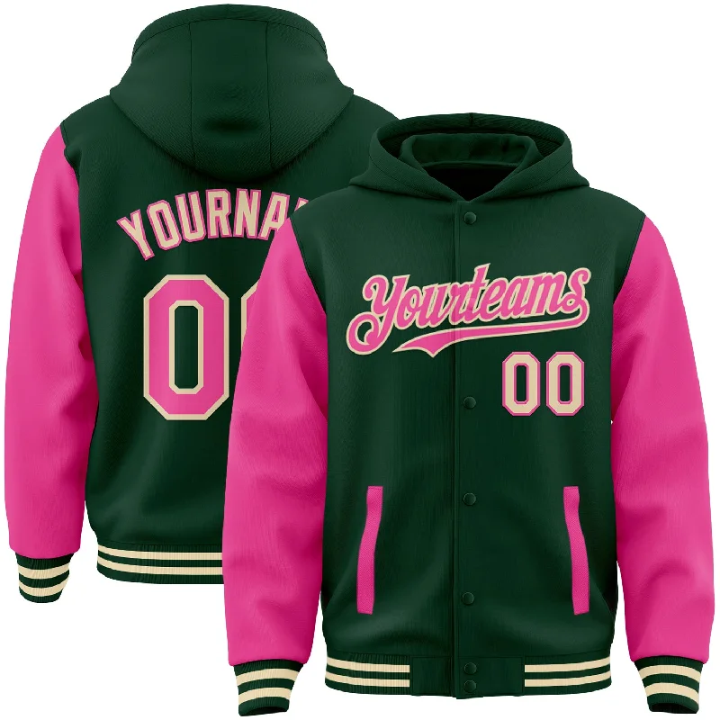 Chic And Casual Unisex Fashion Trends Best Sellers Custom Green Pink-Cream Bomber Full-Snap Varsity Letterman Two Tone Hoodie Jacket