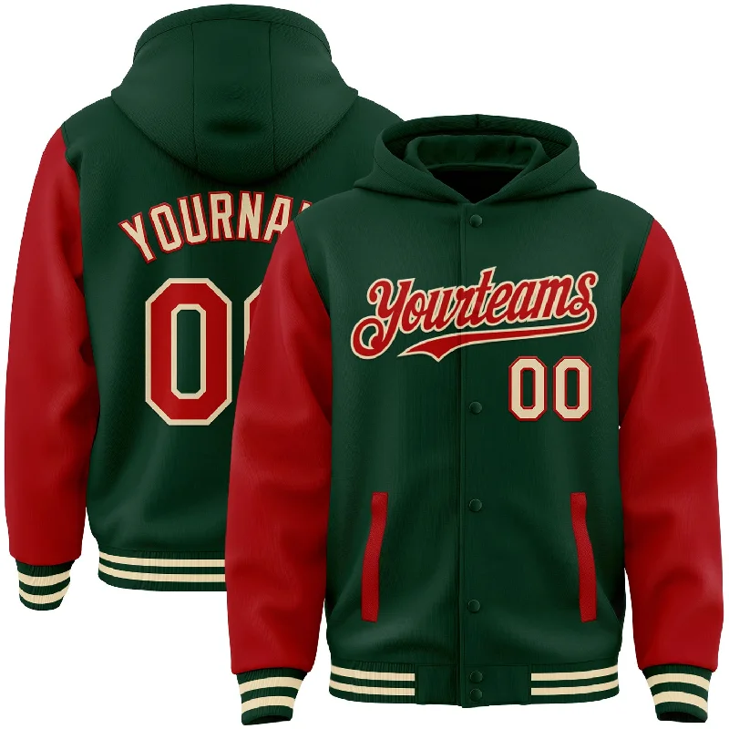 Chic And Contemporary Unisex Clothing Choices Swimwear Summer Blowout Custom Green Red-Cream Bomber Full-Snap Varsity Letterman Two Tone Hoodie Jacket