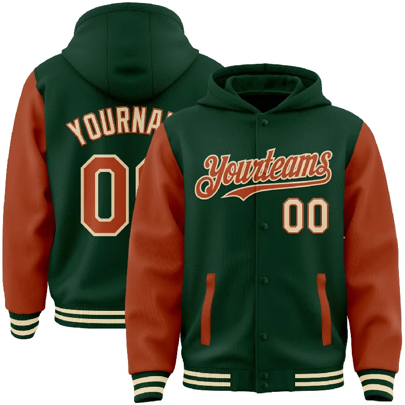 Unisex Casual Fashion Trends Season Offer Custom Green Texas Orange-Cream Bomber Full-Snap Varsity Letterman Two Tone Hoodie Jacket