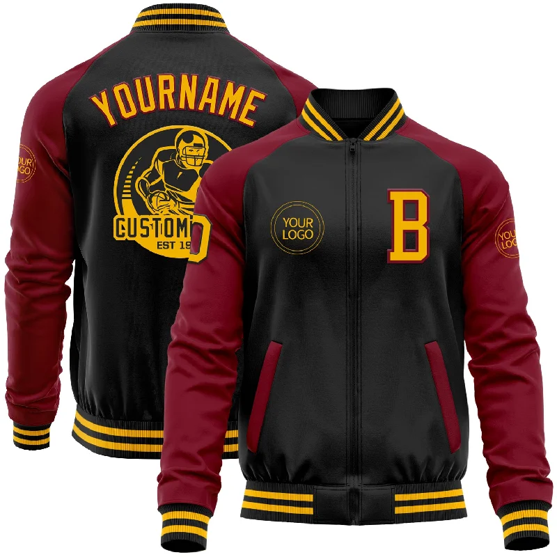 Sleek And Contemporary Gender-Free Outfits Avant-Garde Style Promotions Custom Black Gold-Crimson Bomber Varsity Letterman Two Tone Zipper Jacket