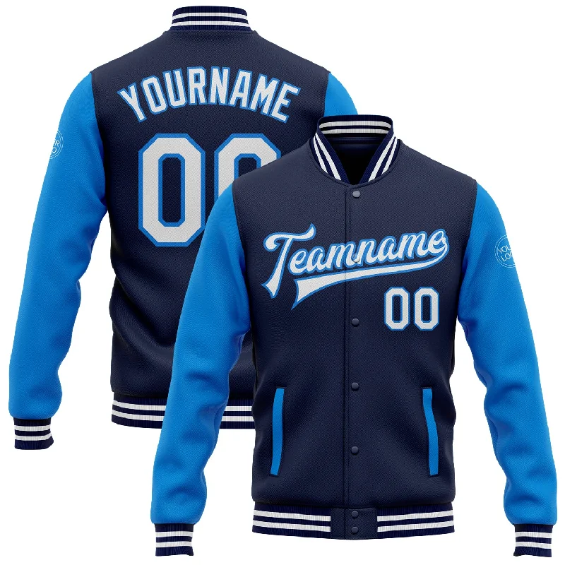 Bold And Trendy Gender-Neutral Outfits Absurdly Cheap Sale Custom Navy White-Powder Blue Bomber Full-Snap Varsity Letterman Two Tone Jacket