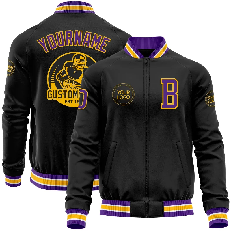 Contemporary Gender-Free Clothing Styles Hot Brand Discounts Custom Black Purple-Gold Bomber Varsity Letterman Zipper Jacket