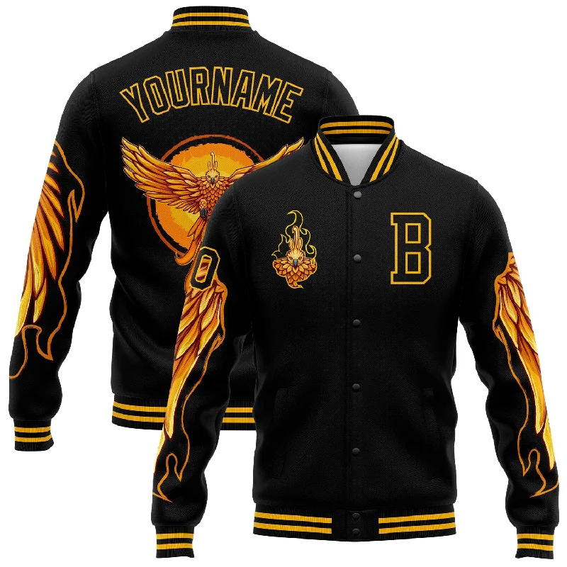 Bold And Trendy Gender-Neutral Outfits Fashionista Sale Custom Black Gold Fire Phoenix 3D Pattern Design Bomber Full-Snap Varsity Letterman Jacket