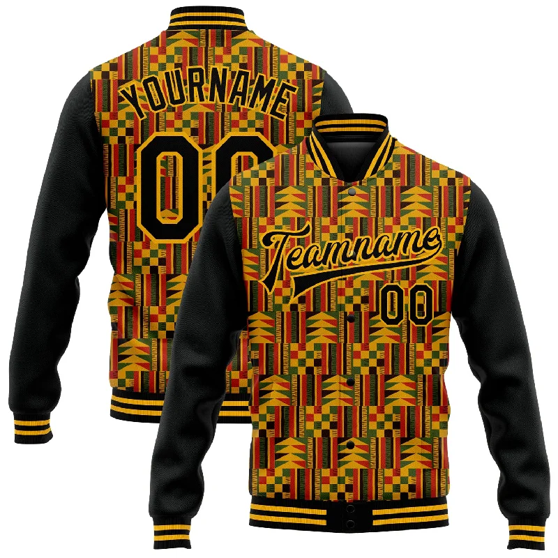 Unisex Casual Fashion Trends Fashion Deal Custom Black Gold Red-Kelly Green Black History Month 3D Pattern Design Bomber Full-Snap Varsity Letterman Jacket