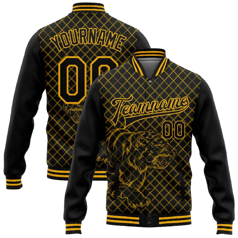 Relaxed-Fit Unisex Clothing Options Best Deals Of The Season Custom Black Gold Check And Tiger 3D Pattern Design Bomber Full-Snap Varsity Letterman Jacket