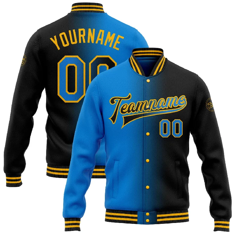 Stylish Unisex Outfit Ideas New In This Season Custom Black Powder Blue-Gold Bomber Full-Snap Varsity Letterman Gradient Fashion Jacket