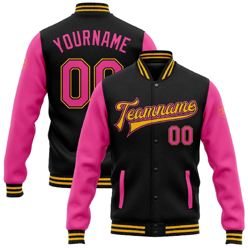 Oversized And Relaxed Unisex Fashion End-Of-Season Clearance Custom Black Pink-Gold Bomber Full-Snap Varsity Letterman Two Tone Jacket