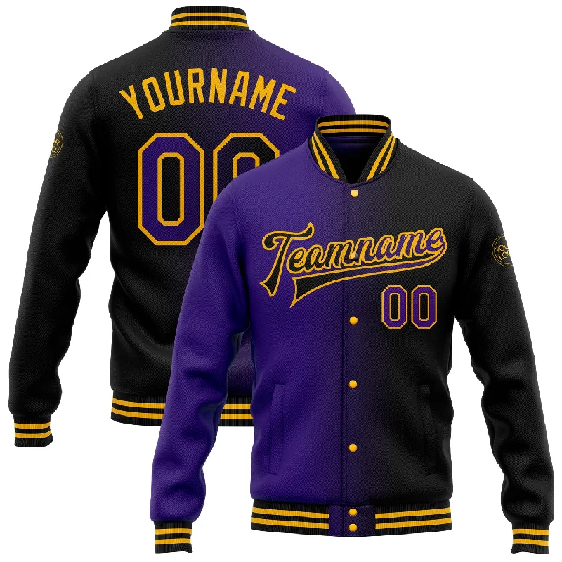 Relaxed-Fit Unisex Fashion For All-Day Comfort Luxury Casual Deals Custom Black Purple-Gold Bomber Full-Snap Varsity Letterman Gradient Fashion Jacket