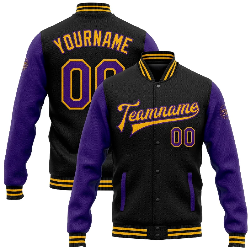 Modern Unisex Clothing For Any Occasion New Arrivals Custom Black Purple-Gold Bomber Full-Snap Varsity Letterman Two Tone Jacket