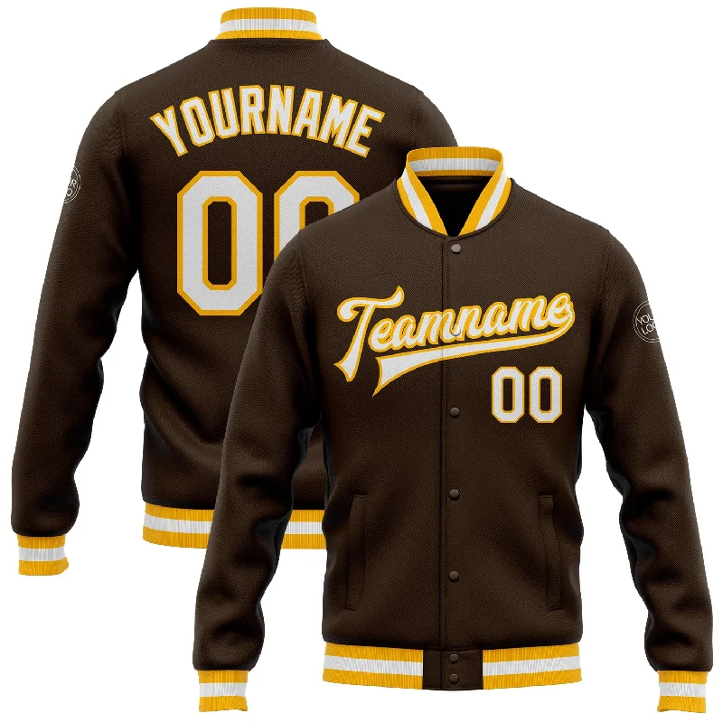 Urban-Inspired Unisex Fashion Pieces Seasonal Picks Custom Brown White-Gold Bomber Full-Snap Varsity Letterman Jacket