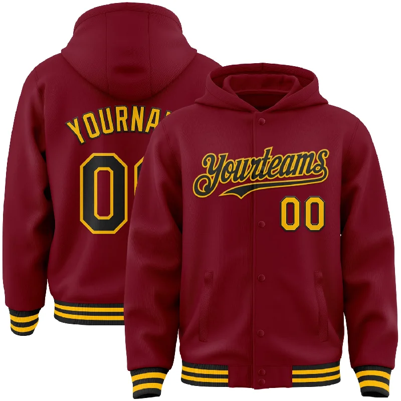 Bold And Trendy Gender-Neutral Outfits The Good Stuff Custom Crimson Black-Gold Bomber Full-Snap Varsity Letterman Hoodie Jacket