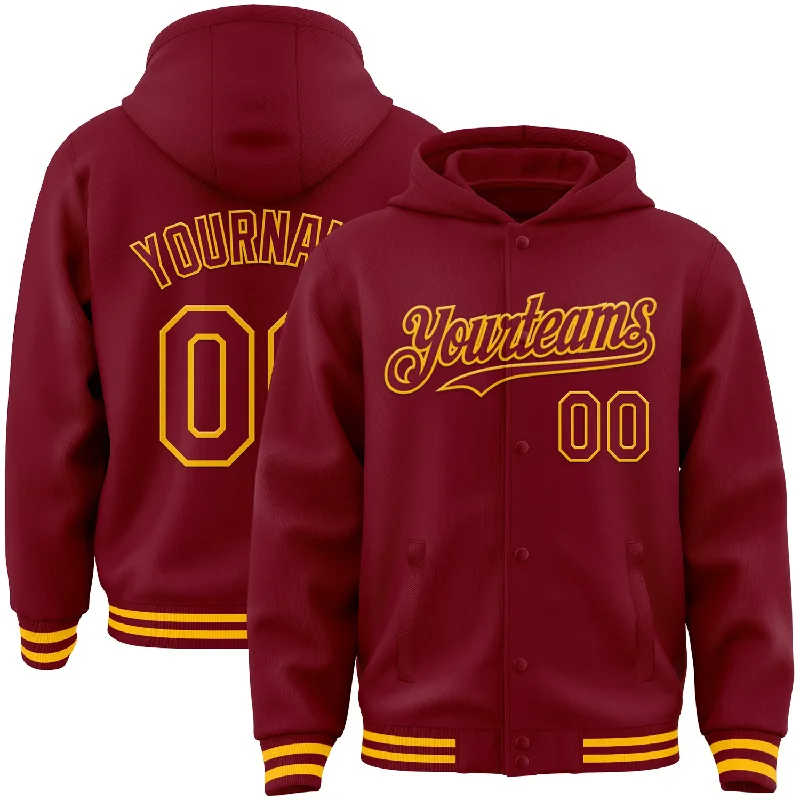 Urban-Inspired Unisex Fashion Pieces Sophisticated Style Offers Custom Crimson Gold Bomber Full-Snap Varsity Letterman Hoodie Jacket