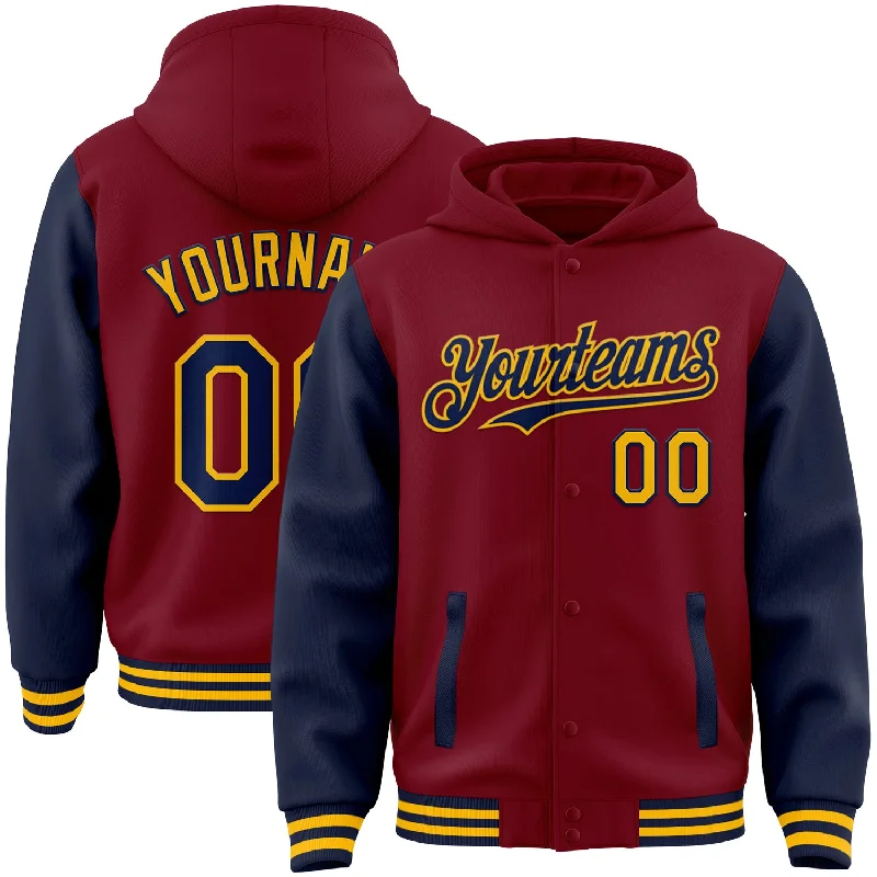 Unisex Casual Wear For All Seasons Summer Deals Custom Crimson Navy-Gold Bomber Full-Snap Varsity Letterman Two Tone Hoodie Jacket