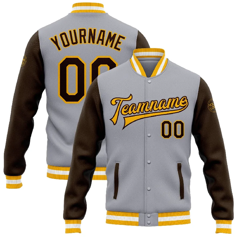 Comfortable Gender-Free Fashion Choices Snag Fabulous Fashion Bargains Custom Gray Brown-Gold Bomber Full-Snap Varsity Letterman Two Tone Jacket