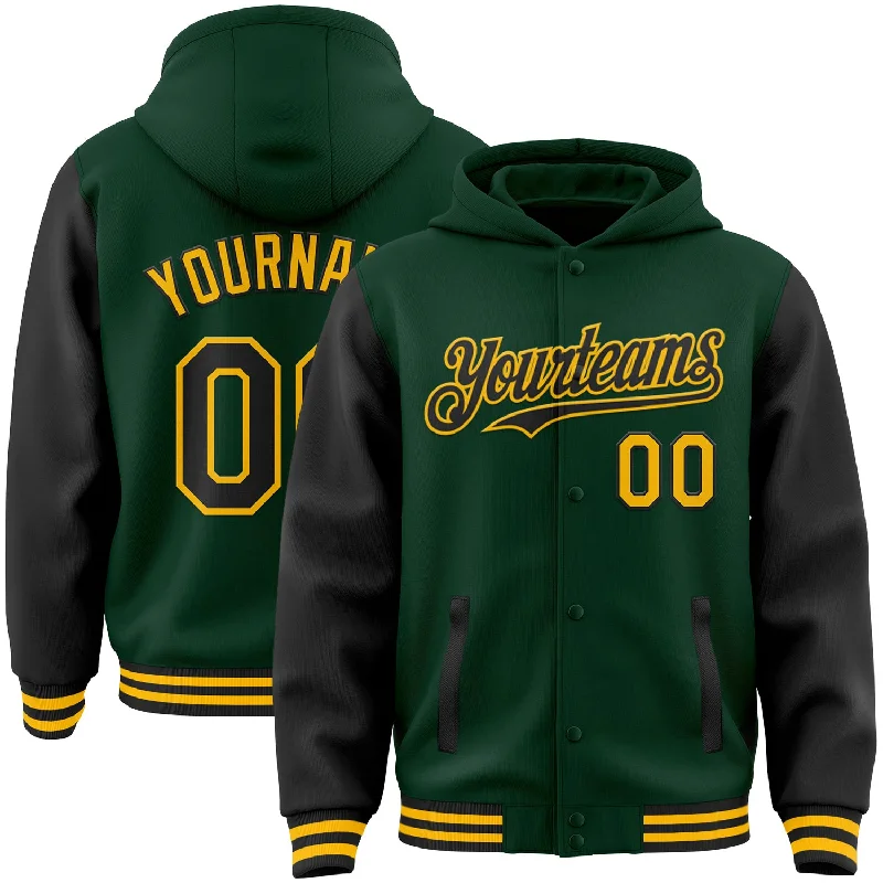 Comfortable Gender-Free Fashion Choices Best Deals Of The Season Custom Green Black-Gold Bomber Full-Snap Varsity Letterman Two Tone Hoodie Jacket