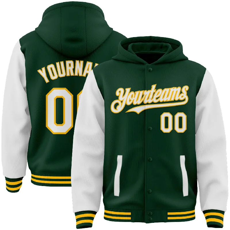 All-Season Unisex Clothing Collection Huge Price Cut Custom Green White-Gold Bomber Full-Snap Varsity Letterman Two Tone Hoodie Jacket