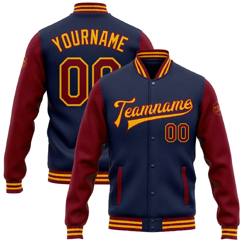 Minimalist Unisex Wardrobe Must-Haves Hot Brand Discounts Custom Navy Crimson-Gold Bomber Full-Snap Varsity Letterman Two Tone Jacket