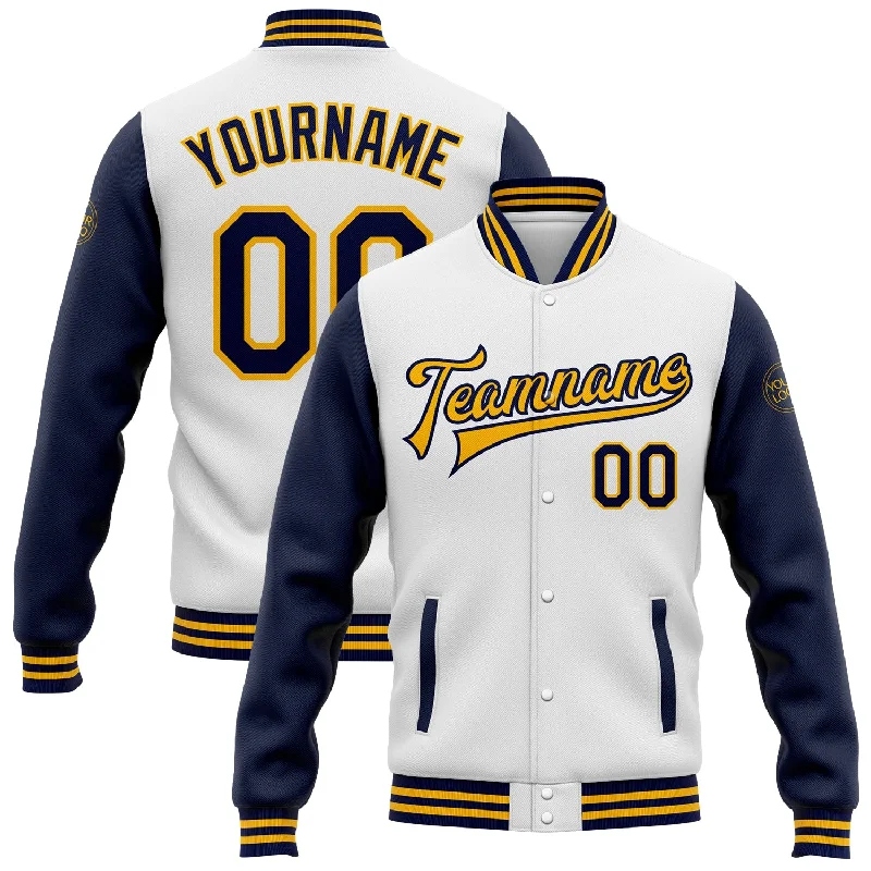 Oversized Unisex Apparel For Effortless Style Luxe Style Discounts Custom White Navy-Gold Bomber Full-Snap Varsity Letterman Two Tone Jacket