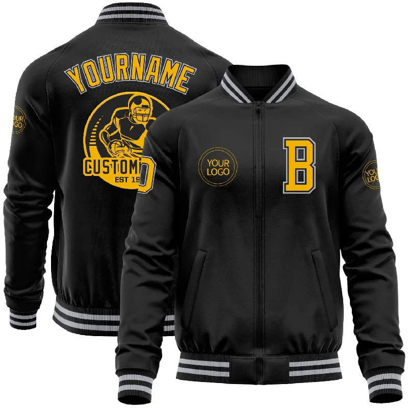 Sleek And Comfortable Unisex Wear Edgy Fashion Deals Custom Black Gold-Gray Bomber Varsity Letterman Zipper Jacket