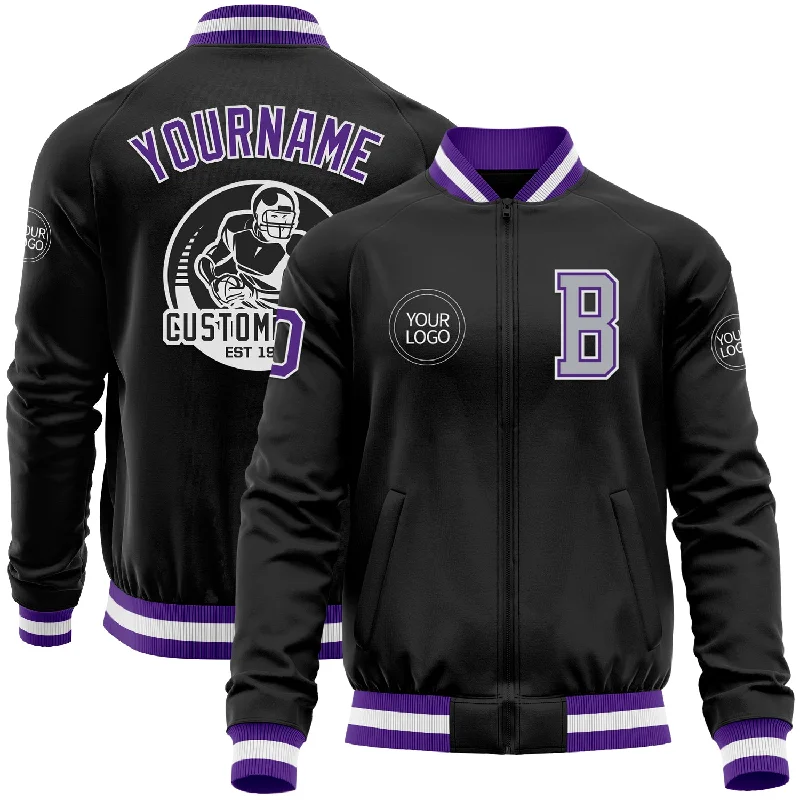 Chic And Contemporary Unisex Clothing Choices Holiday Attire Sale Custom Black Purple-Gray Bomber Varsity Letterman Zipper Jacket