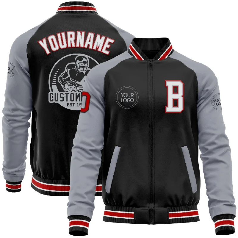 Comfortable And Stylish Unisex Outfits Stay Ahead In Style Custom Black Red-Gray Bomber Varsity Letterman Two Tone Zipper Jacket