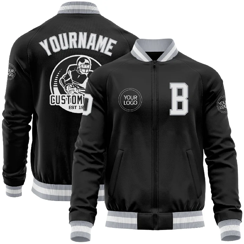 Elegant And Minimal Gender-Free Clothing Top Deals Custom Black White-Gray Bomber Varsity Letterman Zipper Jacket