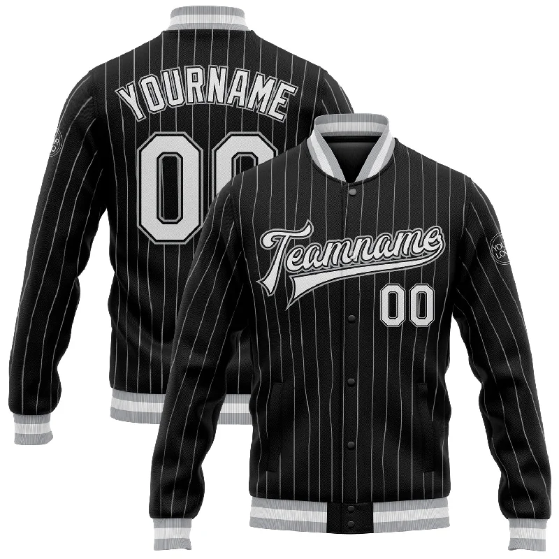 Fashion-Forward Gender-Neutral Outerwear Polished Style Deals Custom Black White Pinstripe Gray Bomber Full-Snap Varsity Letterman Jacket