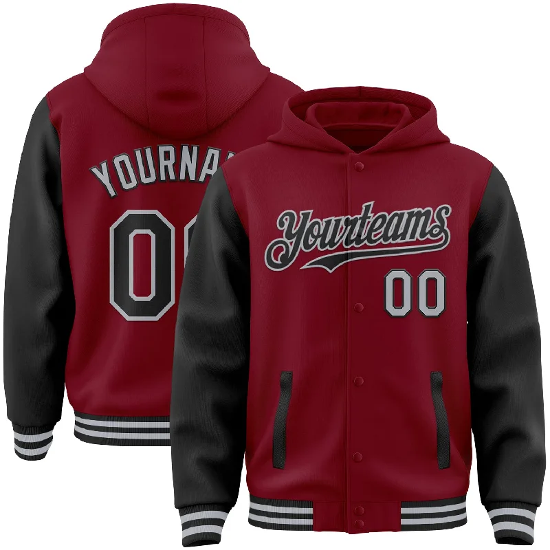 Everyday Wear For Men And Women Comfortable Chic Custom Crimson Black-Gray Bomber Full-Snap Varsity Letterman Two Tone Hoodie Jacket