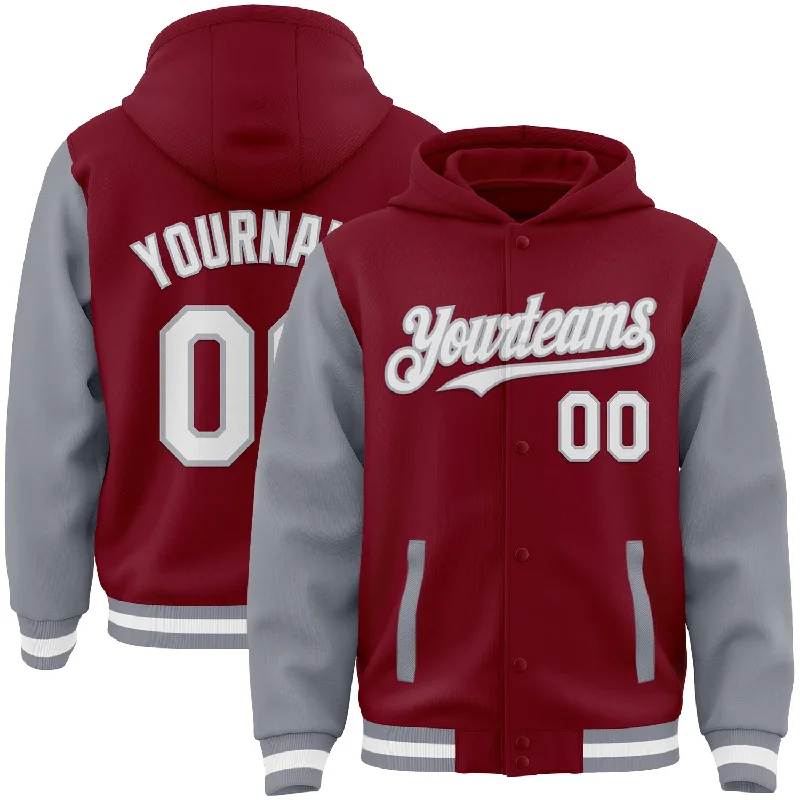 Versatile And Stylish Unisex Apparel Additional Time-Limited Offers Custom Crimson White-Gray Bomber Full-Snap Varsity Letterman Two Tone Hoodie Jacket