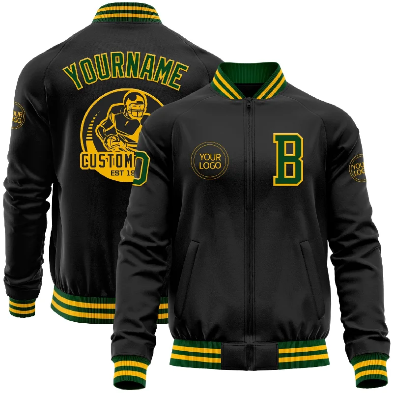 Modern Unisex Wardrobe Staples Timeless Elegance Redefined Custom Black Gold-Green Bomber Varsity Letterman Zipper Jacket